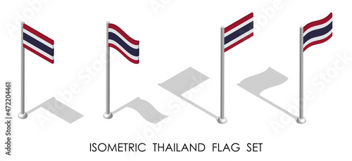 isometric flag of THAILAND in static position and in motion on flagpole. 3d vector