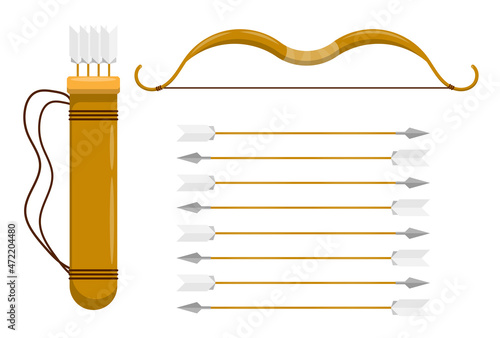 cartoon Hunting bow with arrows and quiver for storage. Archery or hunter tool. Medieval weapon item of ancient warrior. Isolated vector on white background