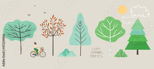 Cute single illustration of spring trees, fir trees, birch, bushes, leaves, woman on bicycle, birds, sun and clouds. Spring walk objects and nature elements to create a landscape. Vector illustration.