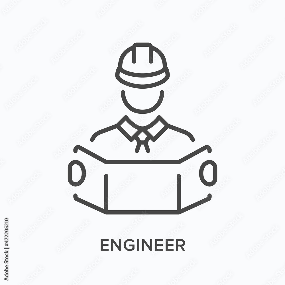 Engineer flat line icon. Vector outline illustration of workman and blueprint. Black thin linear pictogram for construction industry Engineer flat line icon. Vector outline illustration of workman and blueprint. Black thin linear pictogram for construction industry