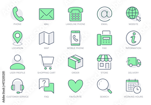 Contact us line icons. Vector illustration include icon - calendar, chat, address, location, landline, office, delivery outline pictogram for customer service. Green Color, Editable Stroke