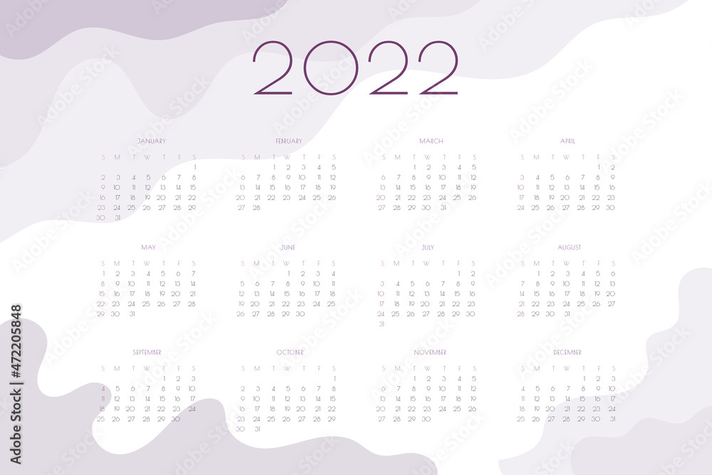 2022 calendar horizontal landscape template with wavy pink and lilac elements. Week starts on sunday