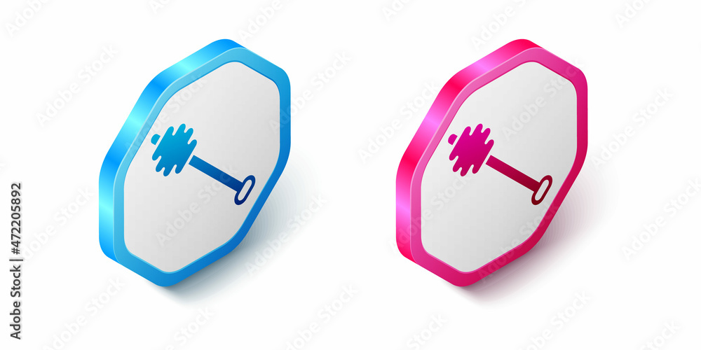 Isometric Honey dipper stick icon isolated on white background. Honey ladle. Hexagon button. Vector Isometric Honey dipper stick icon isolated on white background. Honey ladle. Hexagon button. Vector