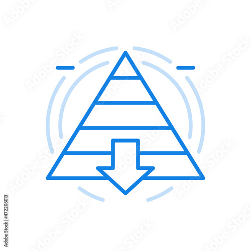 Maslow pyramid with top to bottom level vector line icon. Triangle sections an arrow down.