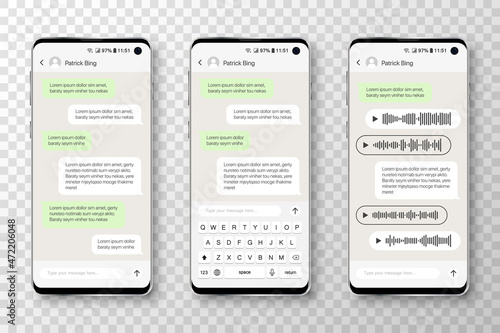 Smartphone with message chat speech bubbles. Mobile app template