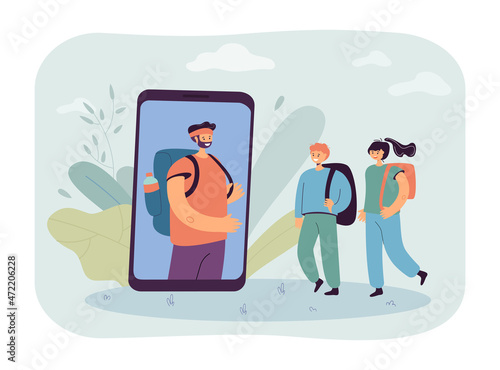 Father on giant phone screen talking to children. Traveler or backpacker on video call with boy and girl flat vector illustration. Camping, family, traveling concept for banner or landing web page