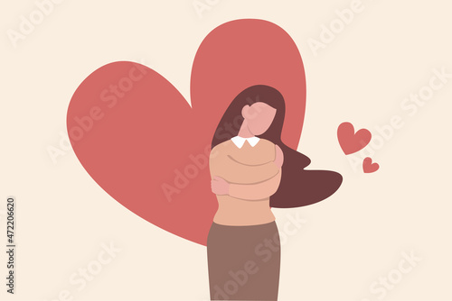 Self care is take care of yourself and wellbeing, enjoy exercise, sleep and hobbies, help you stay healthy, balance life, and better cope with stress and anxiety, happy woman hug herself with hearts.