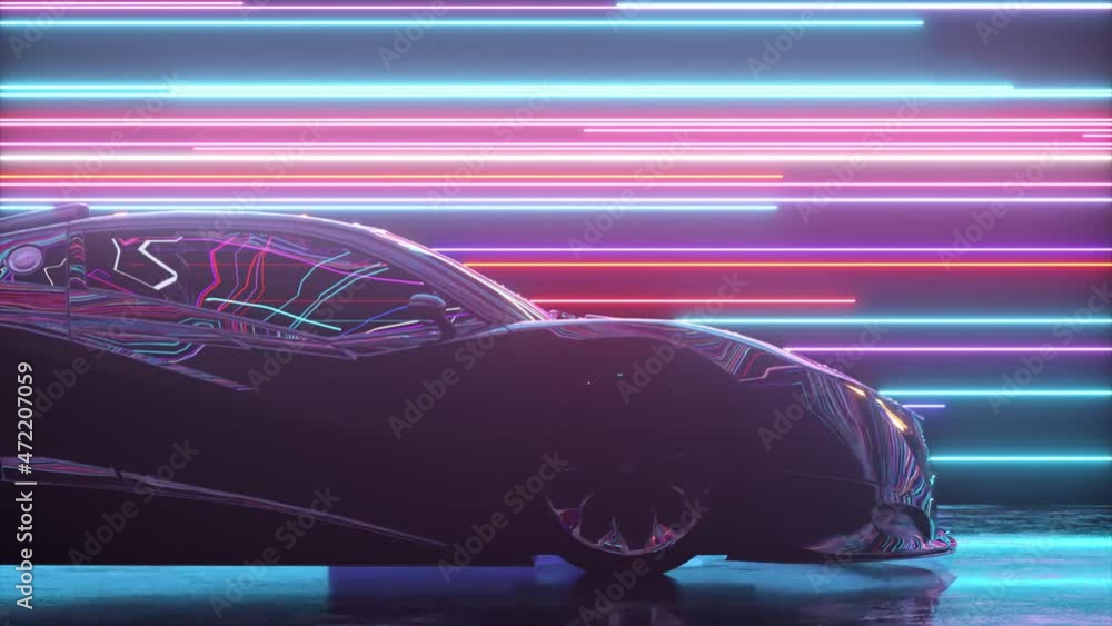 Futuristic concept. The sports car is moving against the backdrop of glowing neon lines. Blue purple color. 3d animation of seamless loop