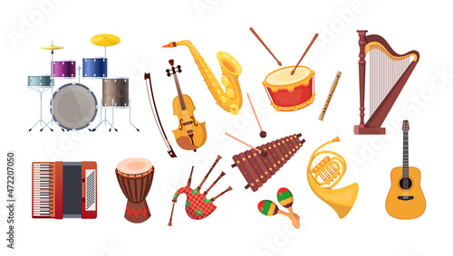 Set various musical metal wood acoustic instruments: violin, tambourine, harp, trombone, bagpipe, saxophone, accordion, guitar, drum, tambourine, synthesizer, bagpipes, maracas, rumba vector