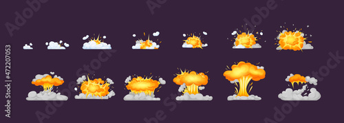 Colorful bomb explosion. Set of blast atom explosive effect. Burn abstract exploded hydrogen with dust, energy or fire. Atomic destruction danger catastrophe.