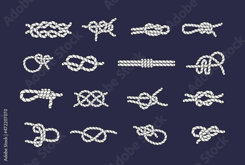 Sea rope knots and loops set. Marine rope and sailors ship knot, cord sailor borders, knot sail, package rope, looped string, nautical loop vector illustration