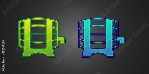 Green and blue Wooden barrel on rack with stopcock icon isolated on black background. Vector