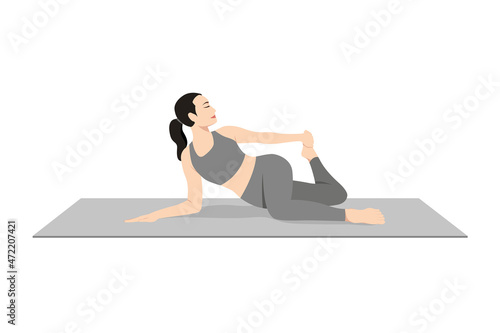 Cat Tail Pulling Pose, Beautiful girl practice Cat Tail Pulling Pose. Young attractive woman practicing yoga exercise. working out, black wearing sportswear, grey pants and top, indoor full length
