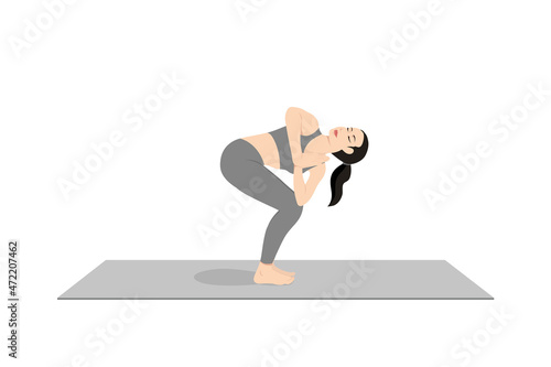 Revolved Chair Pose, Twisted Chair Pose, Beautiful girl practice Parivrtta Utkatasana. Young attractive woman practicing yoga exercise. working out, black wearing sportswear, grey pants and top