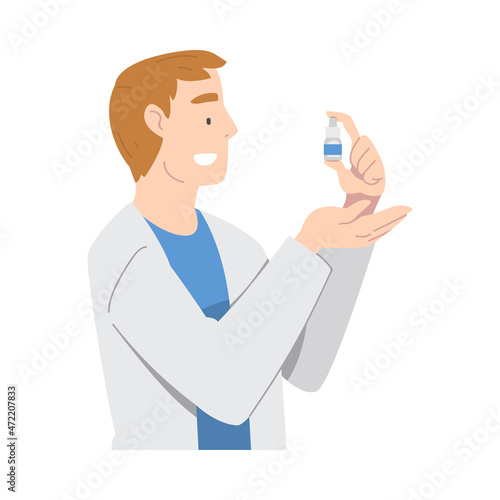 Ophthalmology with Man Health Care Professional Holding Eye Drops Bottle Vector Illustration