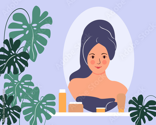 Young woman is doing her beauty routine. A woman looks in the mirror in the bathroom. Mirror reflection of skin care. Flat vector illustration.