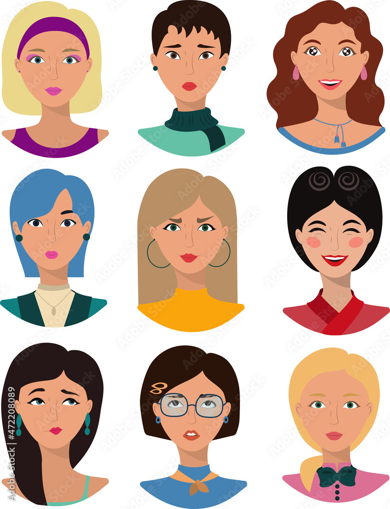 A set of portraits of girls. Avatar icons, design elements. Vector illustration. A set of portraits of girls. Avatar icons, design elements. Vector illustration.