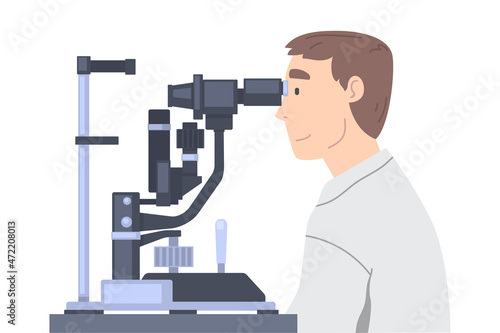 Ophthalmology and Eye Examination with Man Health Care Professional Screening Patient on Slit Lamp Vector Illustration