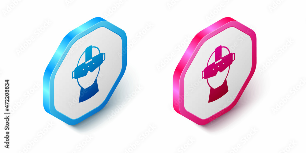 Isometric Virtual reality glasses icon isolated on white background. Stereoscopic 3d vr mask. Optical head mounted display. Hexagon button. Vector Isometric Virtual reality glasses icon isolated on white background. Stereoscopic 3d vr mask. Optical head mounted display. Hexagon button. Vector