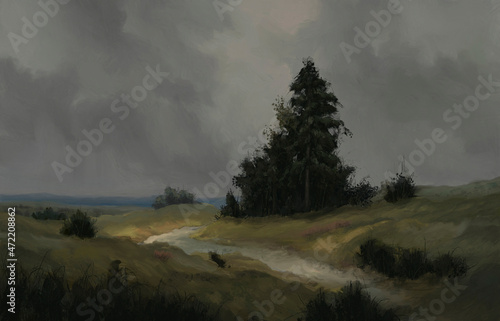 digital painted Abstract dark landscape oil.