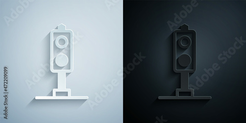 Paper cut Train traffic light icon isolated on grey and black background. Traffic lights for the railway to regulate the movement of trains. Paper art style. Vector