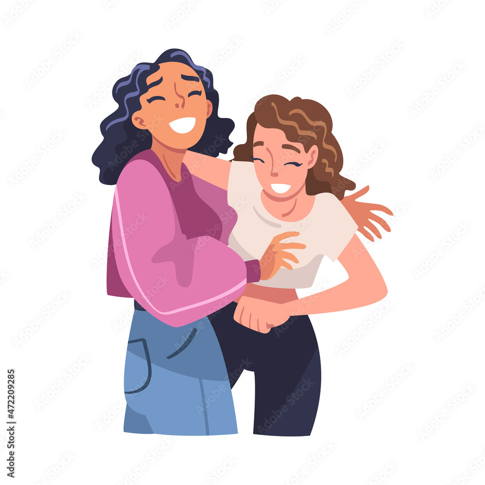 Woman Character Hugging and Embracing Each Other Expressing Friendly Feeling Vector Illustration Woman Character Hugging and Embracing Each Other Expressing Friendly Feeling Vector Illustration
