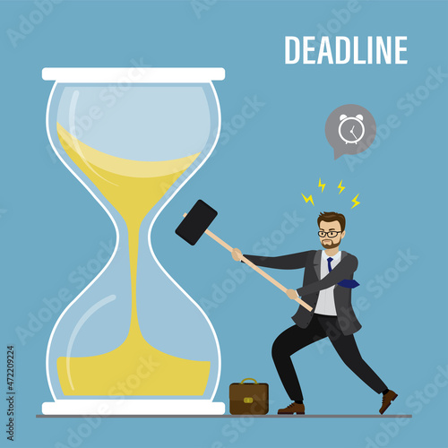 Time management, deadline, concept banner. Sad businessman breaks an hourglass with hammer. Male employee stops last countdown.