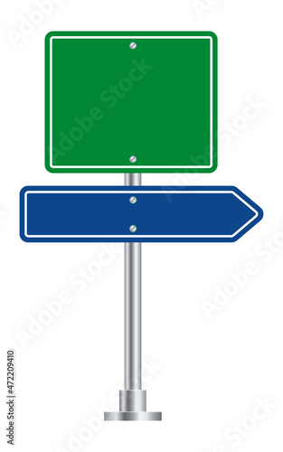 Highway green direction sign. Blank road arrow blue board