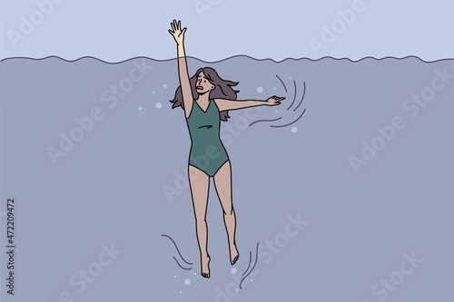 Anxious young woman panic drowning in water on summer vacation. Worried stressed girl ask beg for help go underwater on holiday resort. Marine activity and danger concept. Vector illustration.