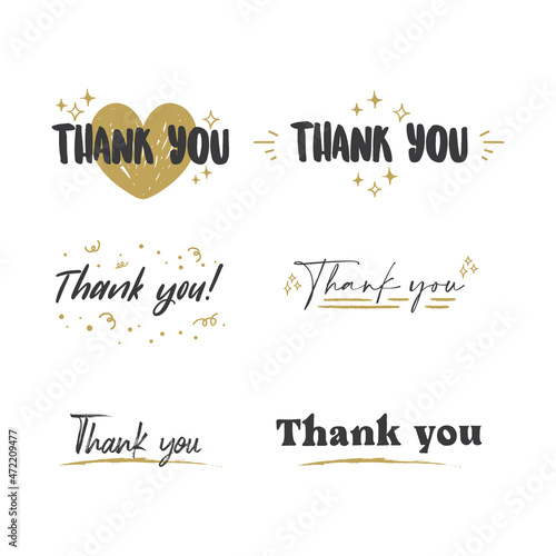 Thank You lettering compositions written with decorative calligraphic font. Bundle of gratitude phrase decorated with cute elements. Hand drawn thanks vector quotes.