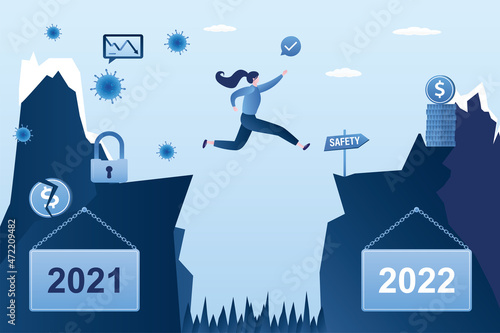 Business Woman jumping from problems 2021 to new safety 2022 year. Jump over an obstacle. Year of coronavirus, lockdown and financial crisis. Female character in danger situation.