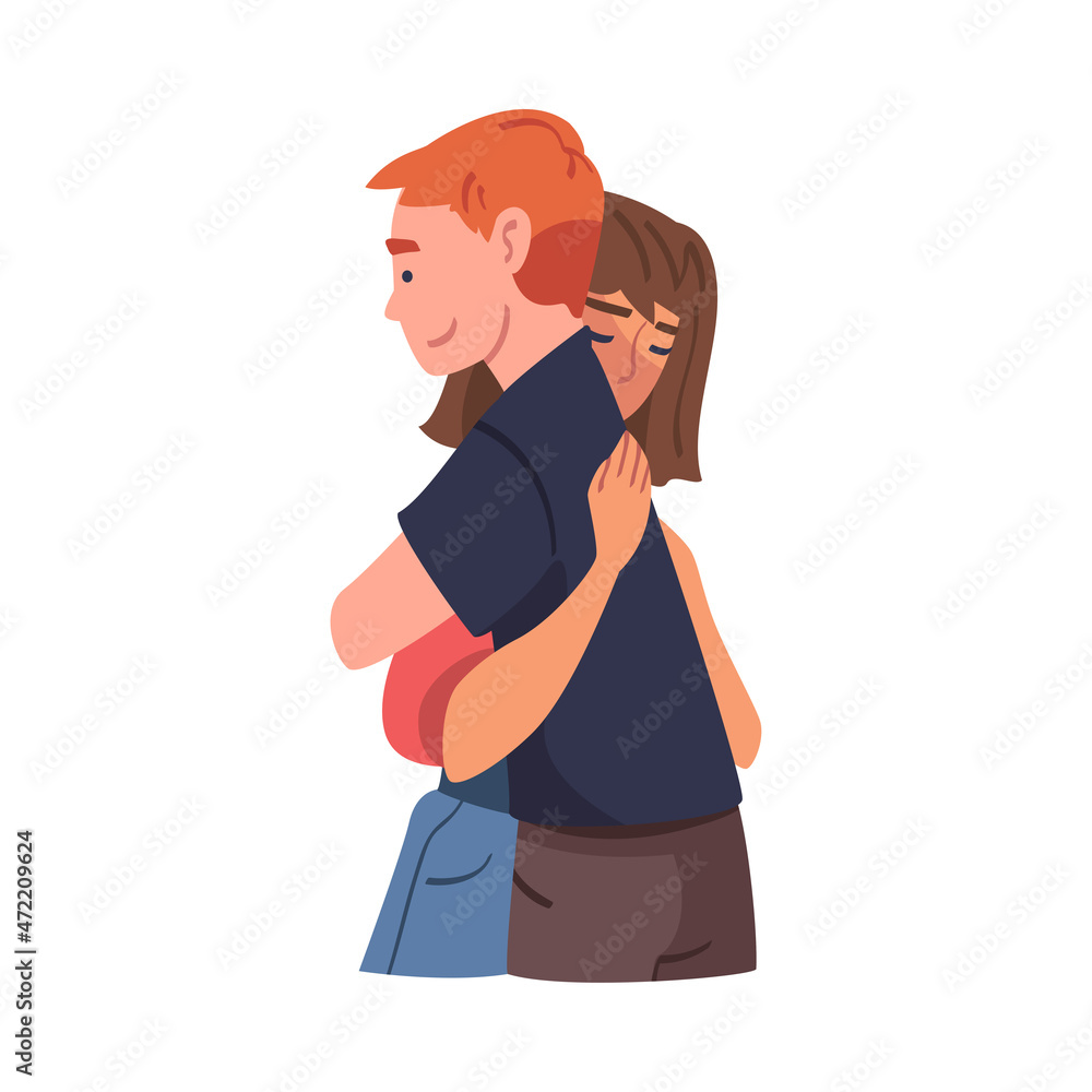 Man and Woman Character Hugging and Embracing Each Other Expressing Friendly Feeling Vector Illustration Man and Woman Character Hugging and Embracing Each Other Expressing Friendly Feeling Vector Illustration