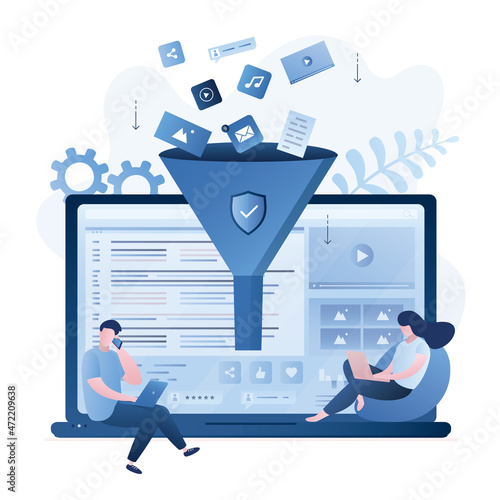 Filtering information from Internet. Users with devices. Laptop with software filters media content uploaded to device. Protection system. Antivirus, security system. Safe surfing in network.