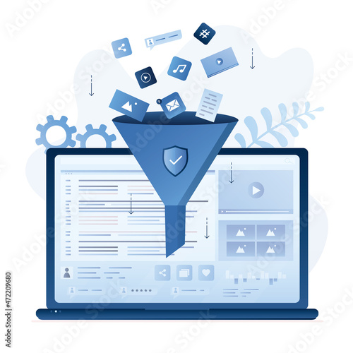 Filtering information from Internet. Laptop with software filters media content uploaded to device. Protection system. Antivirus, security system. Safe surfing in network.