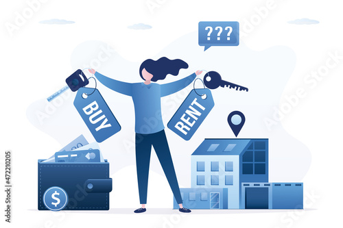 Cute woman chooses to buy property or rent. Girl holding keys with keychains. Choosing between mortgage buying and renting house. Wallet with money and modern cottage.