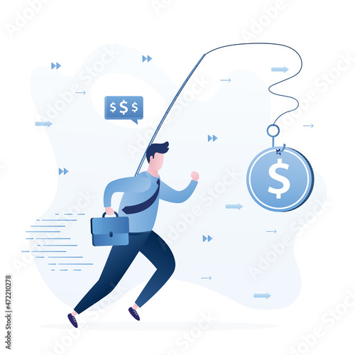 Business motivation. Employee is running for profit or high wages. Dollar coin on fishing rod. Promise of a salary increase. Pursuit of money. Financial fraud. Corporate slavery.
