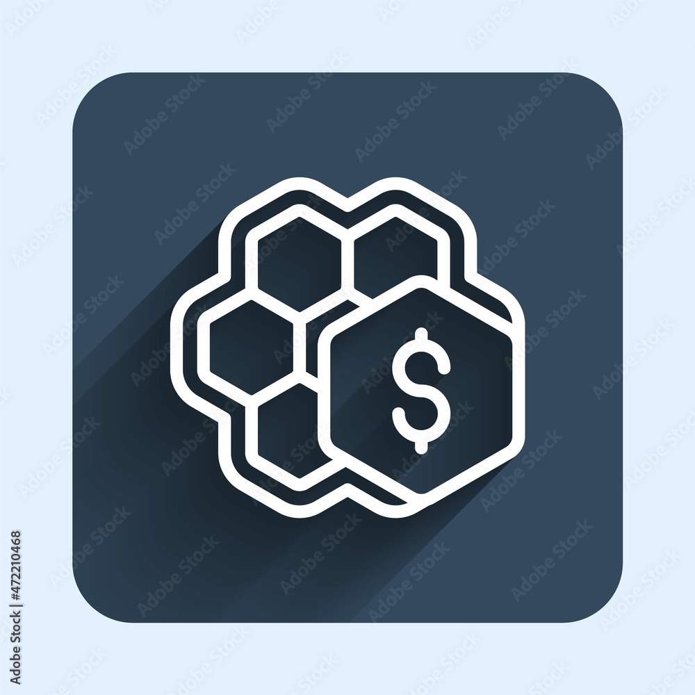 White line Sale of honeycomb icon isolated with long shadow background. Honey cells symbol. Sweet natural food. Blue square button. Vector White line Sale of honeycomb icon isolated with long shadow background. Honey cells symbol. Sweet natural food. Blue square button. Vector