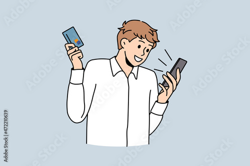 Excited young man shopping online on smartphone with credit or debit card. Smiling guy make purchase pay bills on internet on cellphone using web banking app. Flat vector illustration.