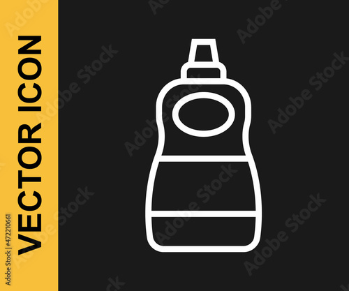 White line Dishwashing liquid bottle icon isolated on black background. Liquid detergent for washing dishes. Vector