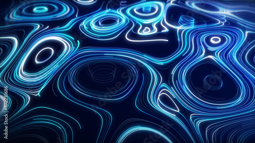 A flow of smooth swirling vortices. Glowing coils of turbulence on a blue background. Abstract digital wave. Big data sound visualization. 3D rendering.