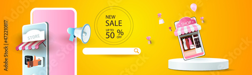 Online delivery service home office  Warehouse,cartoon paper art on mobile. Vector illustration.shopping online