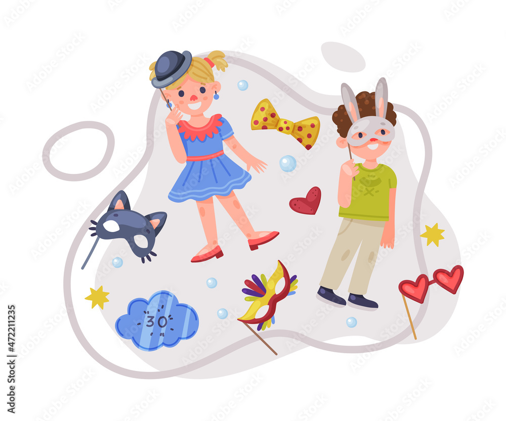 Little Boy and Girl Character Wearing Party Birthday Photo Booth Props Standing and Smiling Vector Illustration Little Boy and Girl Character Wearing Party Birthday Photo Booth Props Standing and Smiling Vector Illustration