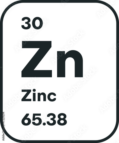 Symbol of chemical element Zinc as seen on the Periodic Table of the Elements, including atomic number and atomic weight. Vector illustration