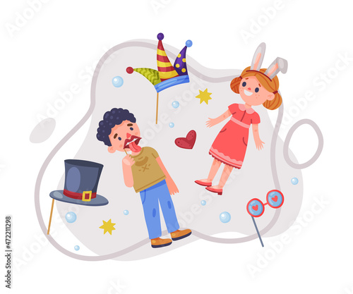 Little Boy and Girl Wearing Party Birthday Photo Booth Props Standing and Smiling Vector Illustration