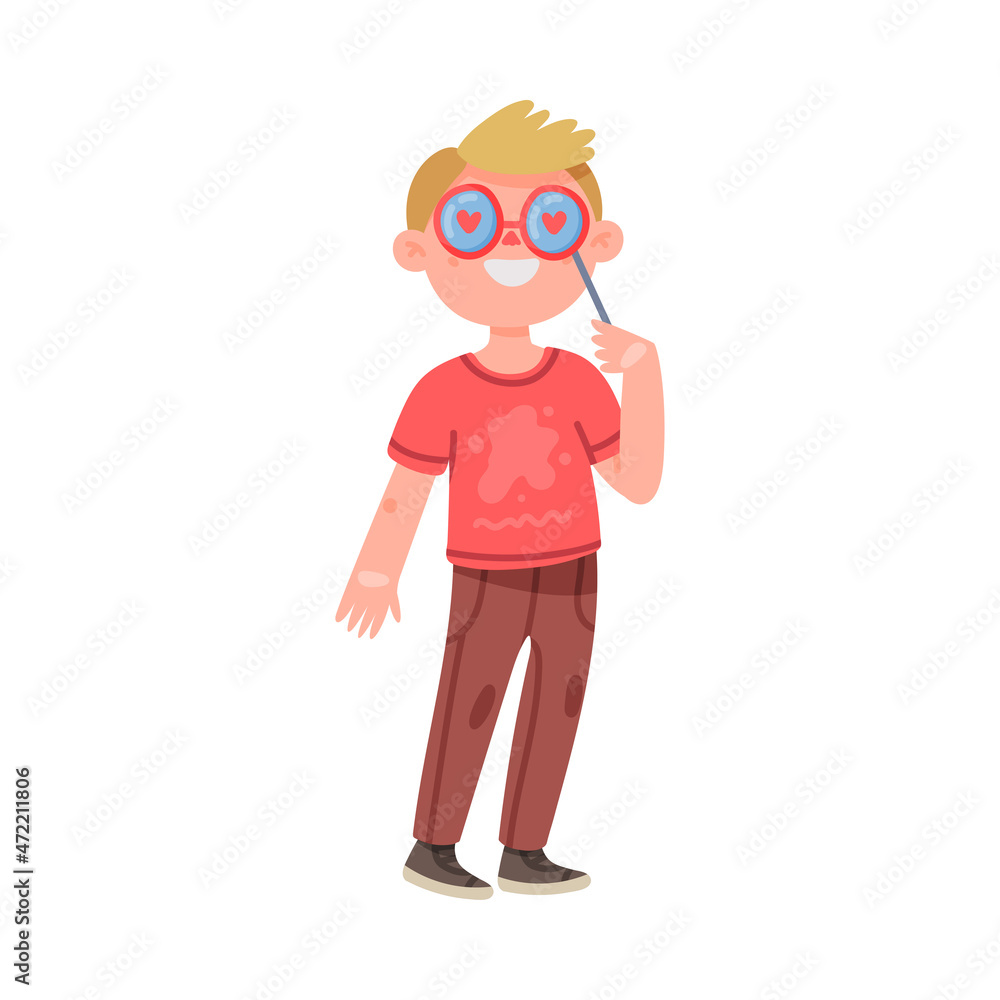 Young Man Character Holding Pole with Glasses as Party Birthday Photo Booth Prop Vector Illustration