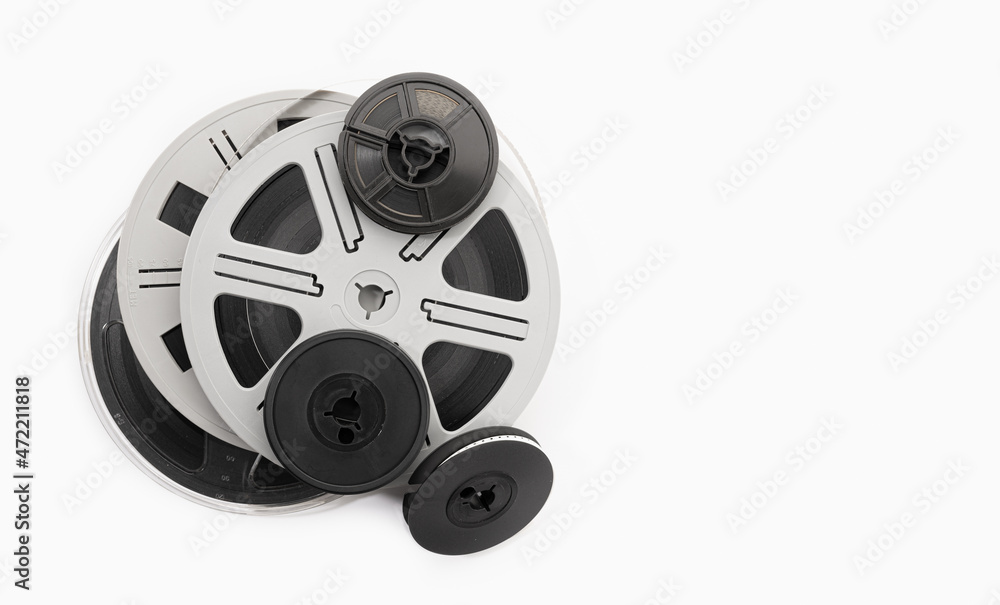 Super 8 film reels isolated on white background. Copy space