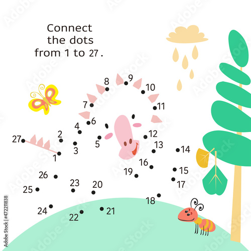 Dino in jurassic park. Dot to Dot. Connect the dots from 1 to 27. Game for kids. Vector illustration.
