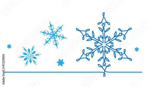Snowflakes vector background, banner, poster for Christmas and New Year celebration. One line art design of snowflakes in blue and white colors. Continuous line drawing