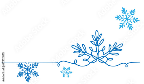 Snowflakes vector background, banner, poster for Christmas and New Year celebration. One line art design of snowflakes in blue and white colors. Continuous line drawing