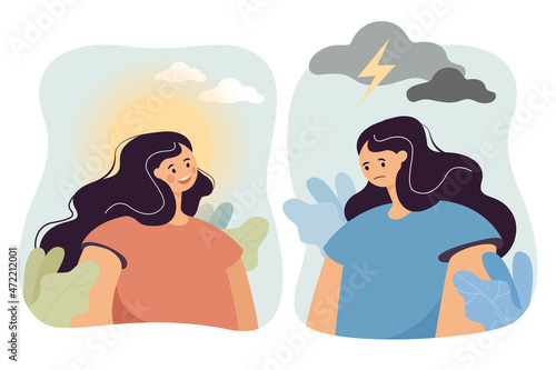Calm girl with white cloud and sun above head and angry girl in stress with thunder and storm. Woman in bad and good mood flat vector illustration. Premenstrual syndrome, PMS, mental health concept